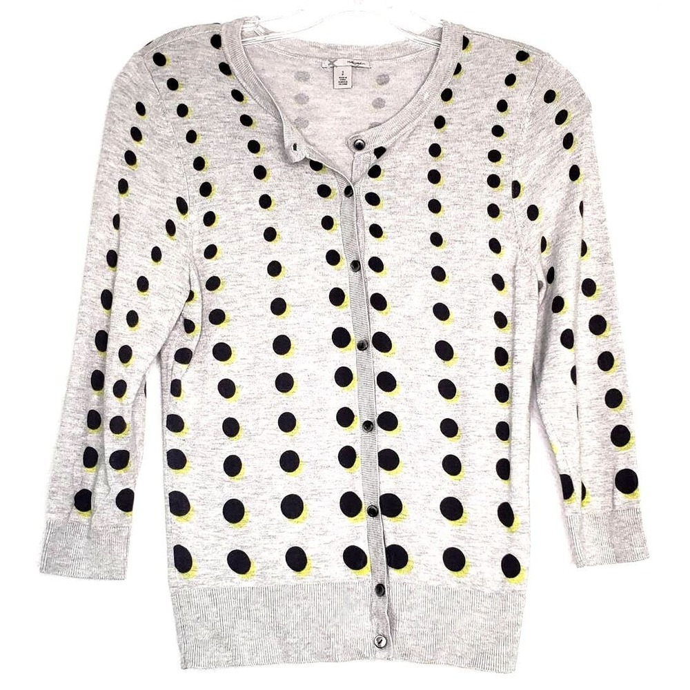 Halogen Cardigan Sweater Womens Small Gray Black Yellow Polka Dot 3/4 Sleeve